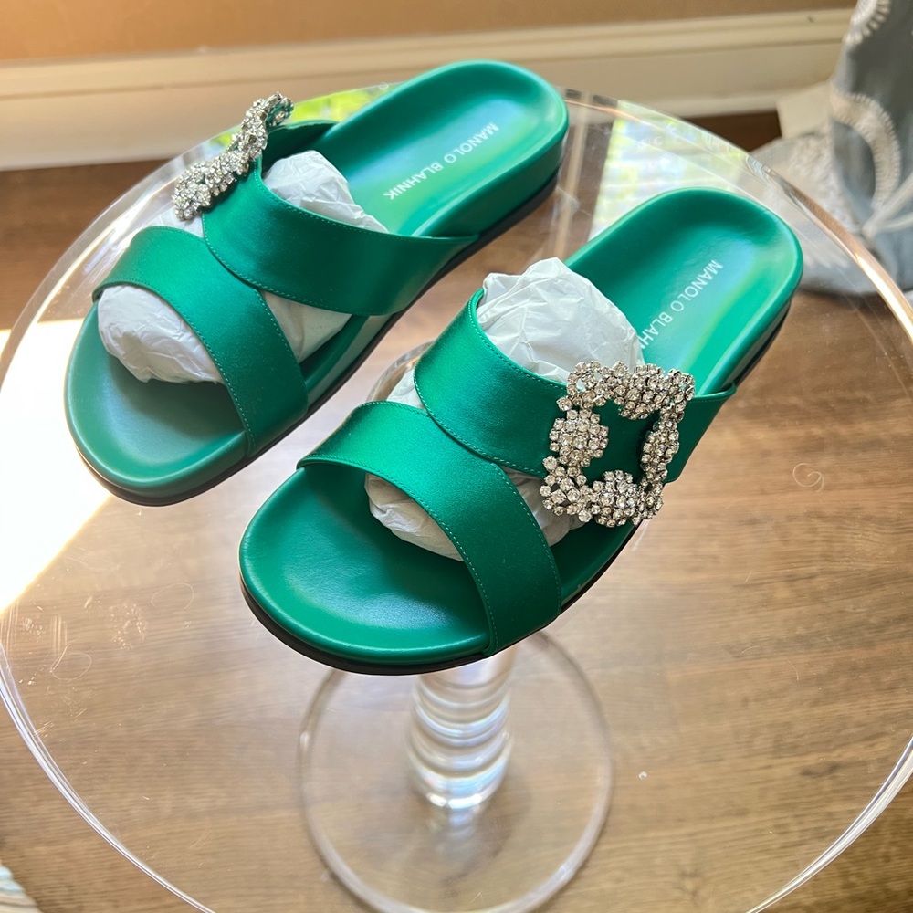 Manolo Blahnik Green Satin Slide Sandals Flats